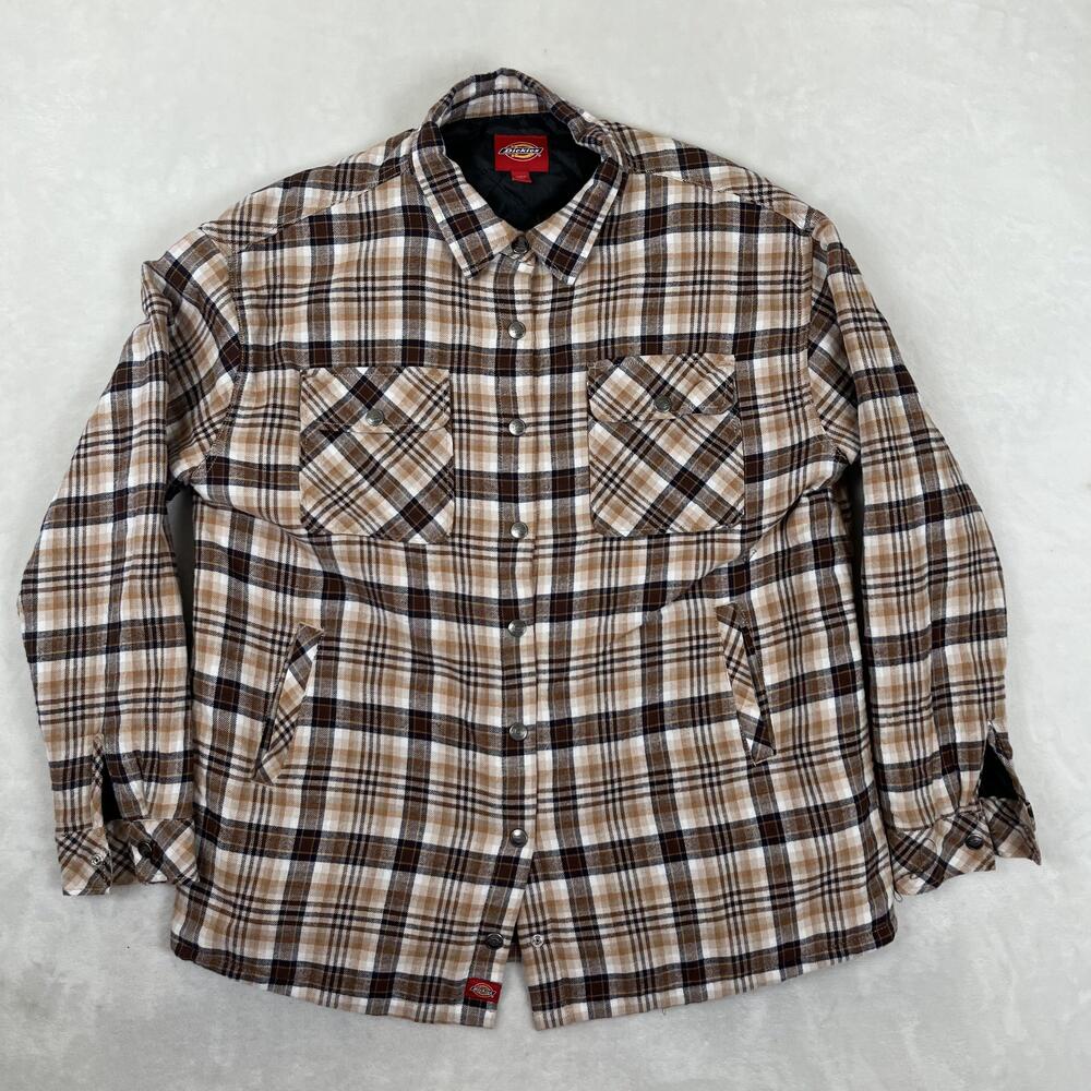 Dickies Jacket Mens Medium Brown Plaid Flannel Quilted Lined Shacket Workwear